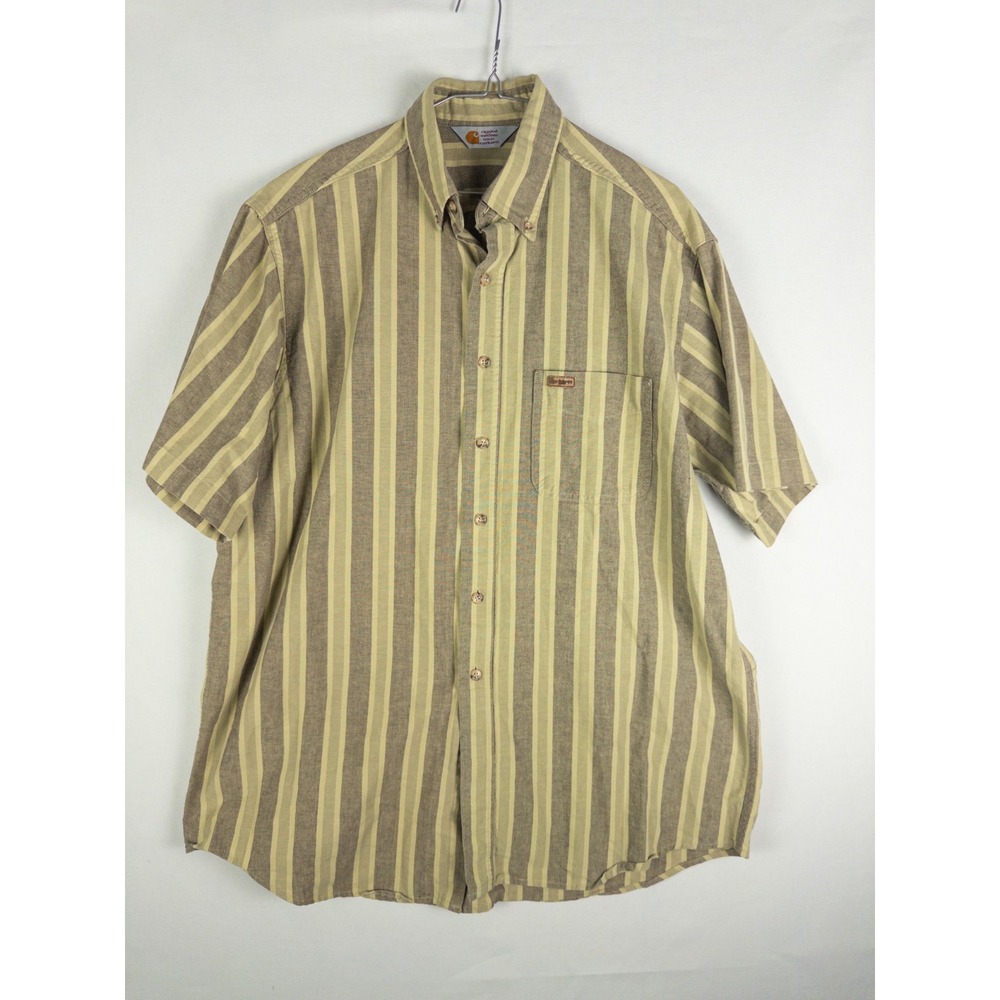 Vintage Carhartt Mens XL Tan Brown Striped Short Sleeve Button Down Work Shirt